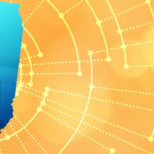 The silhouette of the State of Illinois revealing a cell tower inside; radiating connectivity illustration The silhouette of the State of Illinois revealing a cell tower inside; radiating connectivity illustration