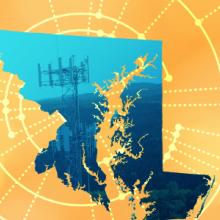 The silhouette of the State of Maryland revealing a cell tower inside; radiating connectivity illustration