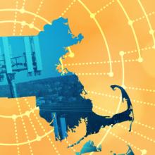 The silhouette of the State of Massachusetts revealing a cell tower inside; radiating connectivity illustration