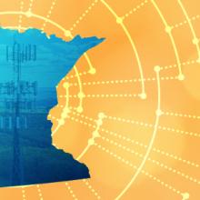 Silhouette of the State of Minnesota; radiating connectivity illustration