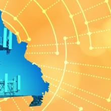 The silhouette of the State of Missouri revealing a cell tower inside; radiating connectivity illustration The silhouette of the State of Missouri revealing a cell tower inside; radiating connectivity illustration
