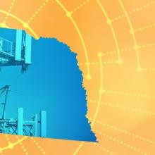 The silhouette of the State of Nebraska revealing a cell tower inside; radiating connectivity illustration The silhouette of the State of Nebraska revealing a cell tower inside; radiating connectivity illustration