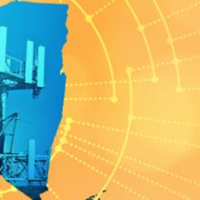 The silhouette of the State of New York revealing a cell tower inside; radiating connectivity illustration