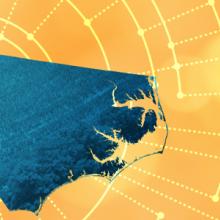 The silhouette of the State of North Carolina revealing a cell tower inside; radiating connectivity illustration The silhouette of the State of North Carolina revealing a cell tower inside; radiating connectivity illustration