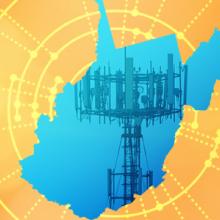 The silhouette of the State of West Virginia revealing a cell tower inside; radiating connectivity illustration