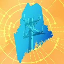 The silhouette of the State of Maine revealing a cell tower inside; radiating connectivity illustration