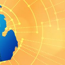 The silhouette of the State of Michigan revealing a cell tower inside; radiating connectivity illustration The silhouette of the State of Michigan revealing a cell tower inside; radiating connectivity illustration