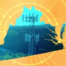 The silhouette of the State of Virginia revealing a cell tower inside; radiating connectivity illustration