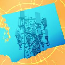 The silhouette of the State of Washington revealing a cell tower inside; radiating connectivity illustration