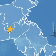 State of Massachusetts with counties outlined; a star locating Holliston, a cell tower State of Massachusetts with counties outlined; a star locating Holliston, a cell tower