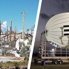 A SatCOLT providing broadband support in an area destroyed by Hurricane Matthew; FirstNet One blimp preparing for take-off after Hurricane Laura.