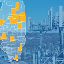 The state of Illinois, with outlined county borders; a cell tower. The state of Illinois, with outlined county borders; a cell tower.