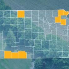 The state of Kansas, with outlined county borders; a cell tower.