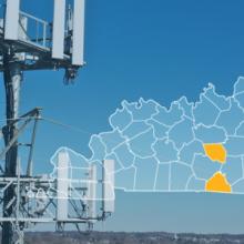 The State of Kentucky, with outlined county borders; a cell tower