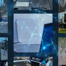 Compilation of different FirstNet deployables, including: miniCRD, a CRD on the back of a boat in the water, a SatCOLT, a Cell Booster Pro, a Flying Cell on Wings (COW), another SatCOLT, a CRD on the ground, a CRD on the back of a pickup truck, a mobile broadband kit