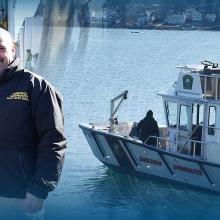 On the left, Assistant Harbormaster Jarret Russo, Deputy Harbormaster Craig Smith, and Harbormaster Mark Souza stand at the bow of the Stacey H. Clark while on the right, the same boat sails off the coast of Massachusetts on its maiden voyage. 