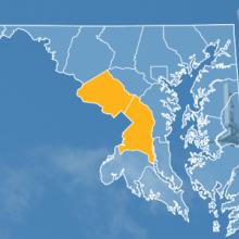 The state of Maryland, with outlined county borders; a cell tower. The state of Maryland, with outlined county borders; a cell tower.