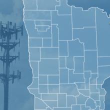 The state of Minnesota, with outlined county borders and a star locating Echo Trail, Minnesota; a cell tower.