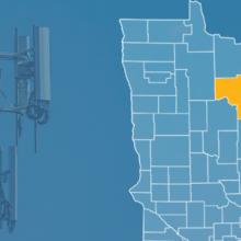 State of Minnesota with counties outlined; highlighting Itasca County; a cell tower 
