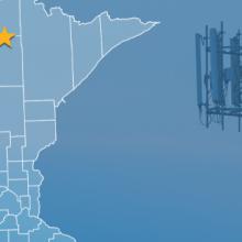 State of Minnesota with counties outlined; a star locating Togo, a cell tower State of Minnesota with counties outlined; a star locating Togo, a cell tower
