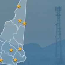 State of New Hampshire with counties outlined; stars locating Berlin, Concord, Derry, Farmington, Jaffrey, Shelburne, and Strewartstown, a cell tower