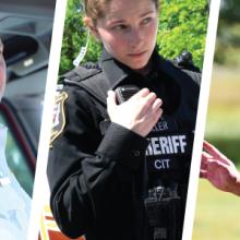 A paramedic sitting in the front of an ambulance, a sheriff talking into her radio, an emergency manager giving instructions, a 9-1-1 operator taking an emergency call, a fireman securing his helmet