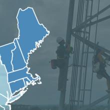 Map of New England with Maine, New Hampshire, Vermont, Massachusetts, Connecticut, and Rhode Island highlighted; workers on a cell tower above the treetops. Map of New England with Maine, New Hampshire, Vermont, Massachusetts, Connecticut, and Rhode Island highlighted; workers on a cell tower above the treetops.