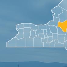 State of New York with counties outlined; highlighting Oneida County, a cell tower