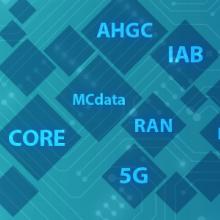 Illustration depicting connection and technology; diamonds with “CORE,” “MCdata,” “AHGC,” “IAB,” RAN, “5G,” and “R19” within Illustration depicting connection and technology; diamonds with “CORE,” “MCdata,” “AHGC,” “IAB,” RAN, “5G,” and “R19” within