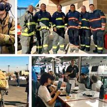 Three students seated at table work on laptops; man in firefighter uniform wears virtual reality headset and holds virtual reality hand controllers; group of six individuals poses for photo in firefighter uniforms during prize challenge real-world simulation; two students sit at tables working on computers; woman in virtual reality headset with virtual reality controllers in hand; man helps another person in firefighter uniform set up equipment on torso; FirstNet Authority advisor speaks to group of student