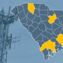 The state of South Carolina, with outlined county borders; a cell tower