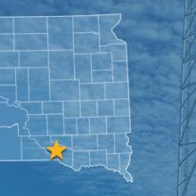 The state of South Dakota, with outlined county borders and a star locating Yankton Sioux Reservation, South Dakota; a cell tower. The state of South Dakota, with outlined county borders and a star locating Yankton Sioux Reservation, South Dakota; a cell tower.