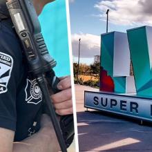 Left shows first responder with gear backpack and radio at the ready. Right shows the Super Bowl logo in front of blue skies