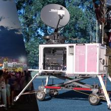 A FirstNet compact rapid deployable in the middle. A line of people standing in front of a lit Ferris wheel at the Choctaw Nation's Labor Day festival on the left, and on the left three men performing a traditional ceremony inside a ring of haybales while a crowd watches during Catawba Nation's Yap Ye Iswa festival.