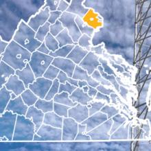 Map of State of Virginia, with outlined county borders; a cell tower