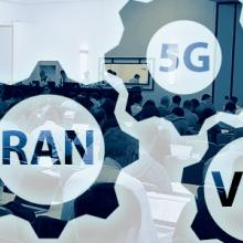 Photo of a 3GPP meeting room with people sitting at tables and working on computers, overlaid with gear icons and wireless network terminology: RAN, 5G, V2X, Core, MCdata."