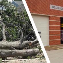 A car crushed by a fallen tree surrounded by branches and tree trunks; a Beavercreek Township fire truck leaves the fire station.