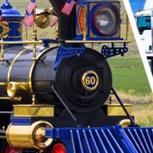 Photo of a replica steam locomotive train at Golden Spike National Historical Park next to a photo of FirstNet Authority Senior Public Safety Advisor Tracey Murdock and FirstNet AT&T standing in front of a FirstNet deployable.