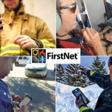 Four images: A firefighter in safety gear looks down at a smartphone, a firefighter riding in a helicopter speaks into a headset and looks at a tablet displaying information, a police officer looks down at a smart phone, an officer in the snow points with his right hand while holding a smart phone in his left 