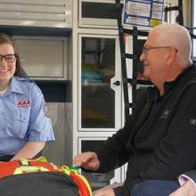 FirstNet Board Member Paul Patrick and FirstNet Authority’s Edward Parkinson toured AAA Ambulance Service's FirstNet-connected ambulance during a demo day at the University of Mississippi Medical Center.