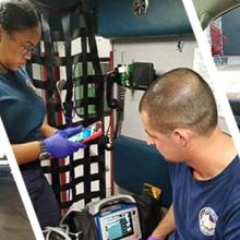 Image 1: In an ambulance, one first responder looks at a tablet and another first responder looks at a monitor connected to a patient.  Image 2: First responder looks at a tablet standing in front of a Junction City Fire Department vehicle.  Image 3: A first responder sitting in the driver’s seat of a vehicle looks at the screen of a tablet. 