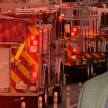 Firetrucks and firefighters respond to a scene; headshot of Gary McCarraher