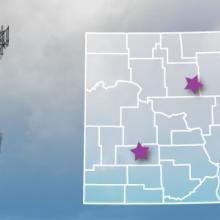 The state of North Dakota, with outlined county borders; a cell tower