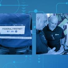 An interconnected network backdrop with six boxes each depicting public safety operations, including: responders setting up FirstNet equipment, a FirstNet Authority official talking to a responder in an mountainous area, a reflective safety vest that reads "Federal FirstNet", a FirstNet Authority official and a first responder sharing information on a mobile device, public safety official connecting a laptop to a FirstNet-supported system, and a truck pulling a portable compact rapid deployable in the snow.