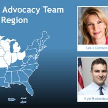 A map of the U.S. in blue with 16 states in the North region in white next to headshots of the six public safety advisors who represent those states. 