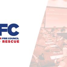 The National Volunteer Fire Council (NVFC) Logo is placed alongside an image of the NVFC making a presentation at a FirstNet Board Meeting.