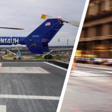 A University of Mississippi Medical Center helicopter on the roof of a medical facility and an ambulance driving on a city street. A University of Mississippi Medical Center helicopter on the roof of a medical facility and an ambulance driving on a city street.