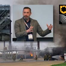 Image combines four images, featuring people giving presentations and participating in disaster drills