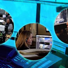 Dispatcher wearing a headset monitors a series of screens while typing, group of dispatchers prepares to receive calls at a mobile command center using FirstNet device backups, dispatcher takes calls, dispatcher speaks over headset while looking at a map, two dispatchers consult each other while reviewing screens showing maps and other data 