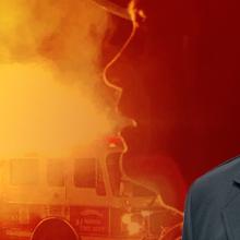 Firefighters and fire truck respond to an emergency; FirstNet Authority employee and volunteer firefighter/emergency medical technician Zach Smith in uniform Firefighters and fire truck respond to an emergency; FirstNet Authority employee and volunteer firefighter/emergency medical technician Zach Smith in uniform